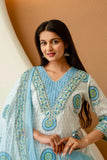 Off White and Blue Motif Print Cotton Kurta Set with Trousers and Dupatta