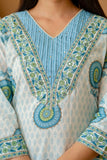 Off White and Blue Motif Print Cotton Kurta Set with Trousers and Dupatta
