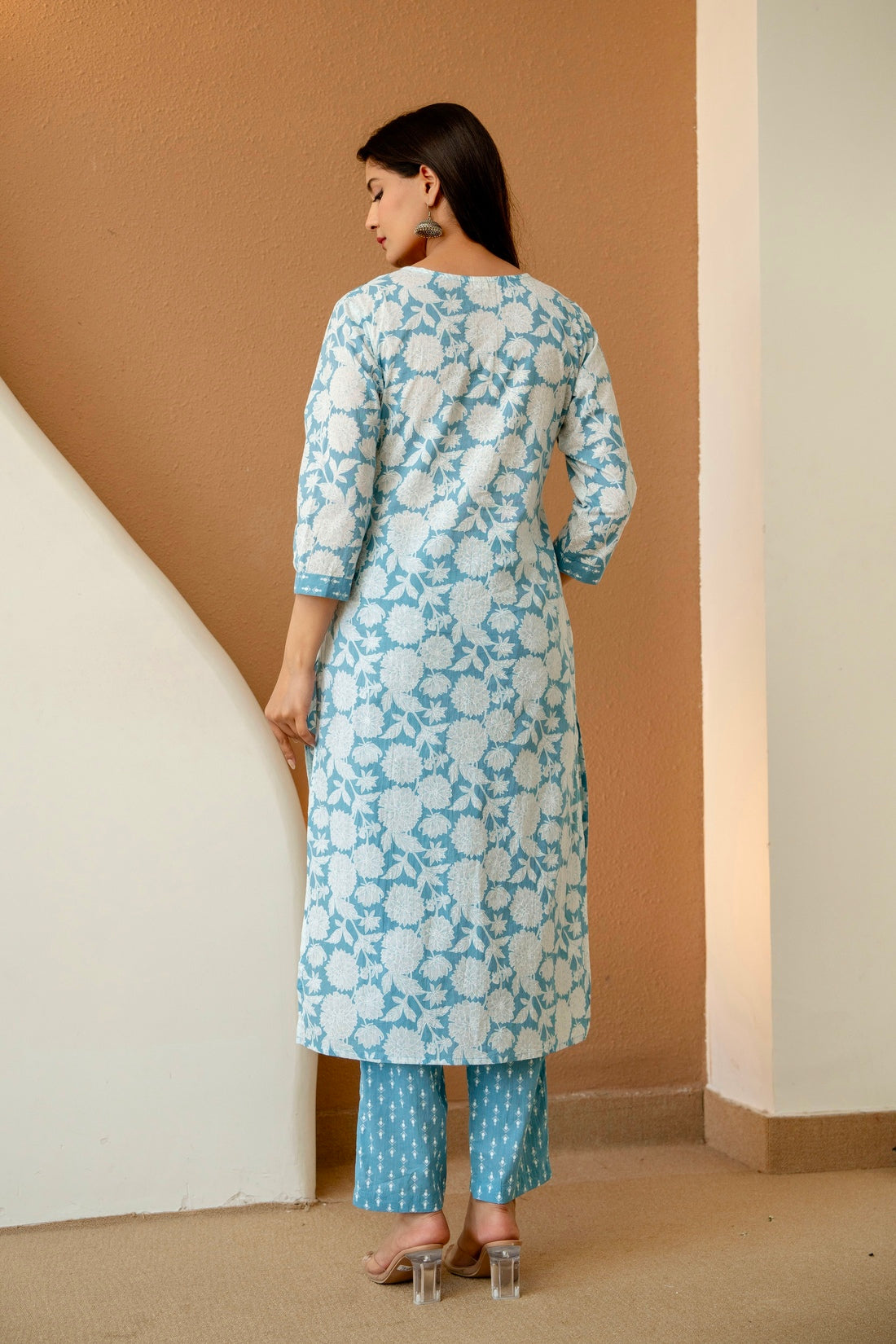 Blue Floral Print Cotton Kurta Set with Trousers and Dupatta