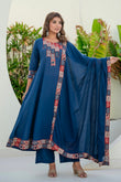 Navy Yoke Detail Anarkali Suit Set with Palazzos and Kota Doriya Dupatta