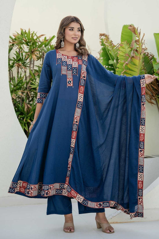 Navy Yoke Detail Anarkali Suit Set with Palazzos and Kota Doriya Dupatta