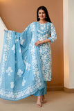 Blue Floral Print Cotton Kurta Set with Trousers and Dupatta