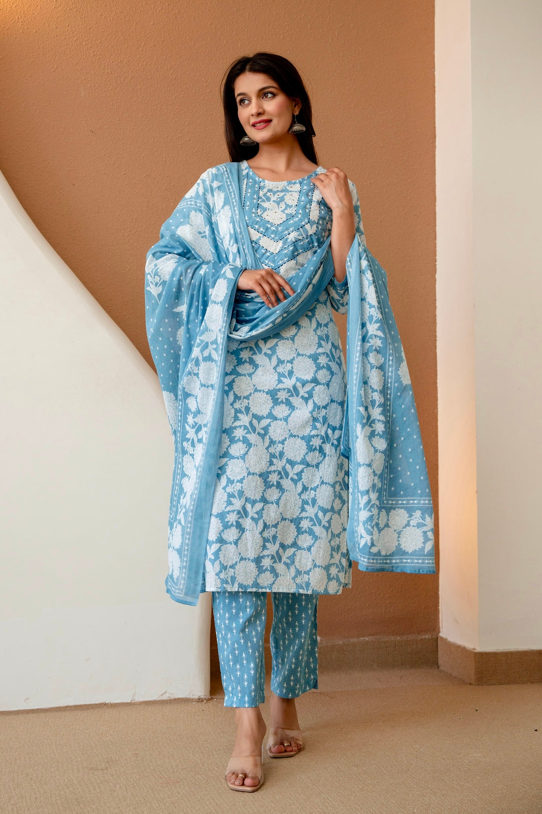 Blue Floral Print Cotton Kurta Set with Trousers and Dupatta
