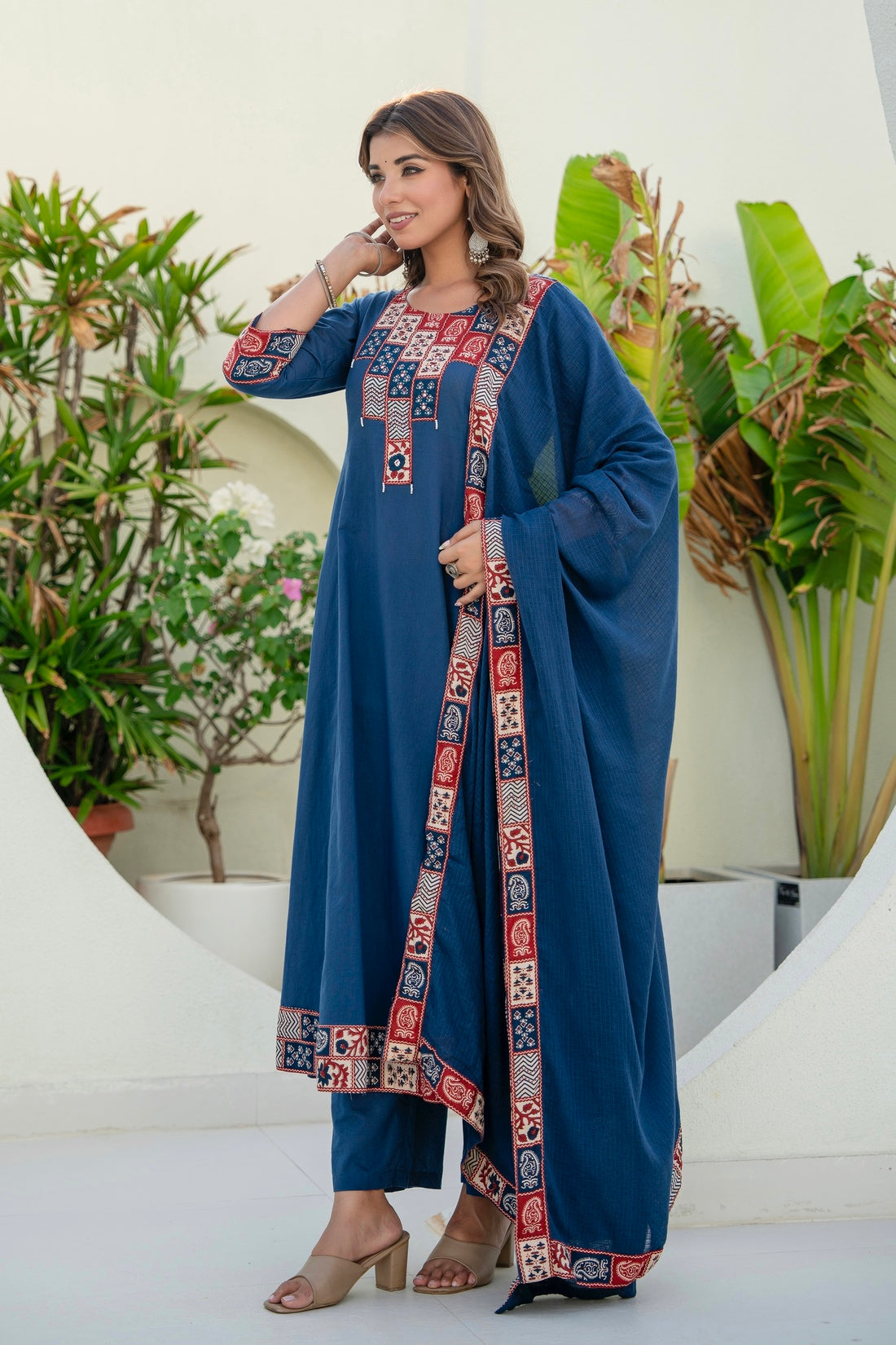Navy Yoke Detail Anarkali Suit Set with Palazzos and Kota Doriya Dupatta