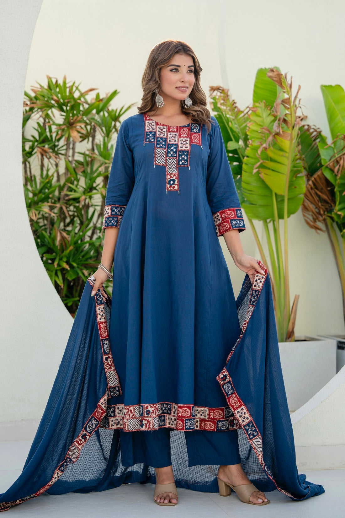 Navy Yoke Detail Anarkali Suit Set with Palazzos and Kota Doriya Dupatta