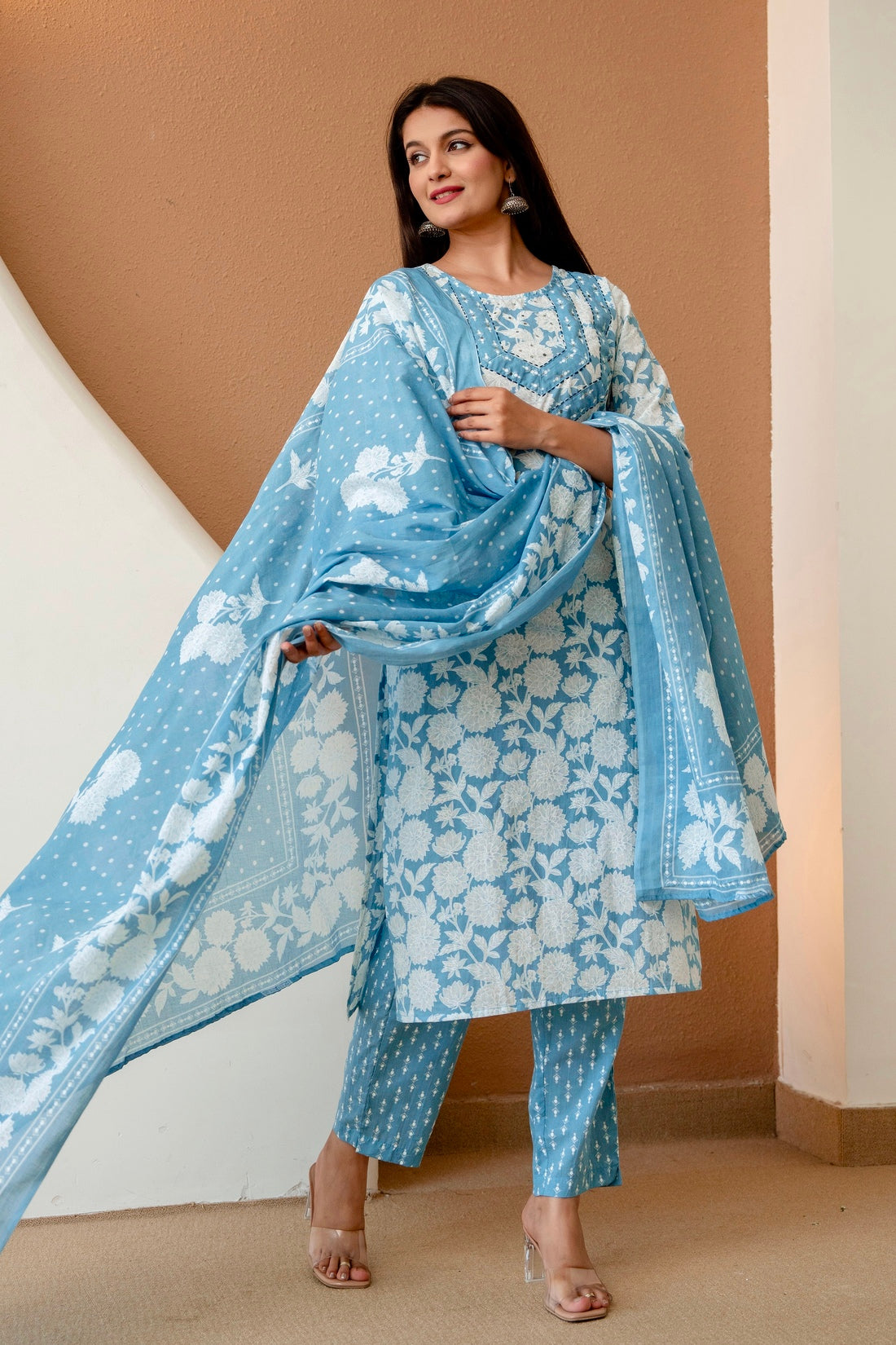 Blue Floral Print Cotton Kurta Set with Trousers and Dupatta