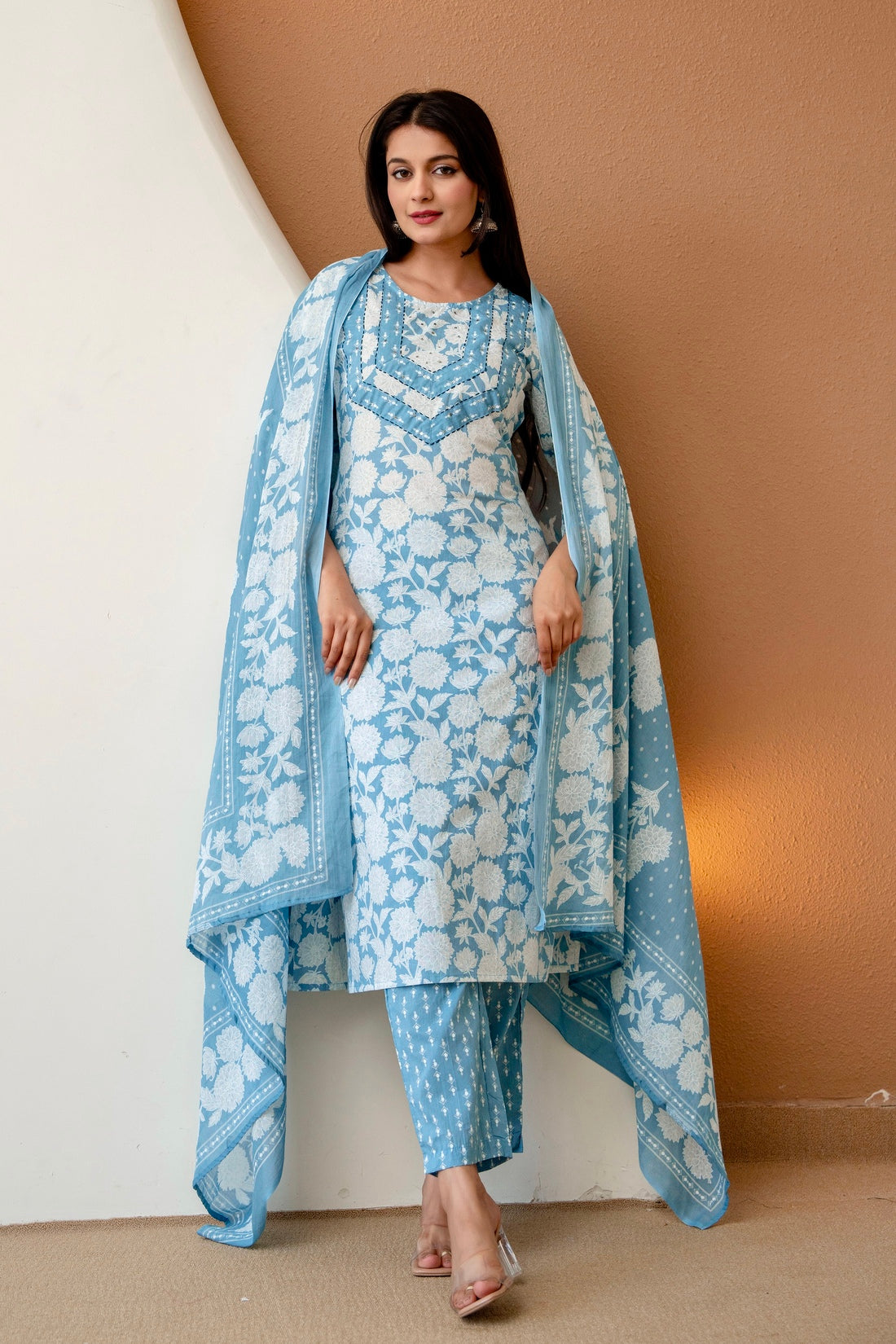 Blue Floral Print Cotton Kurta Set with Trousers and Dupatta