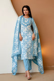 Blue Floral Print Cotton Kurta Set with Trousers and Dupatta