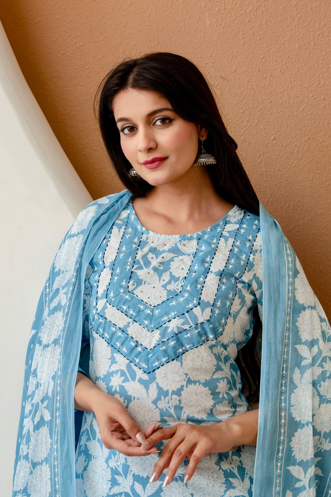 Blue Floral Print Cotton Kurta Set with Trousers and Dupatta