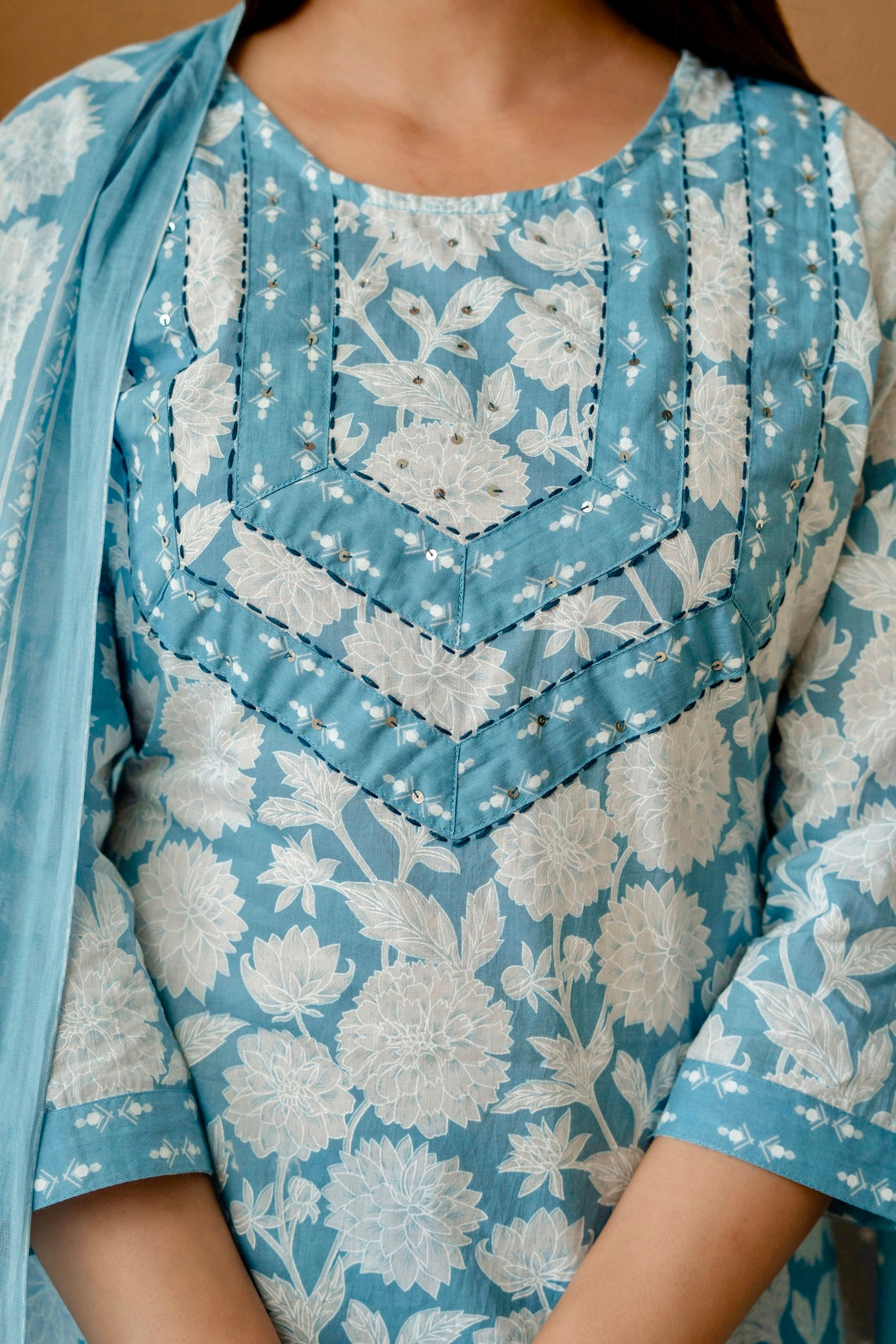 Blue Floral Print Cotton Kurta Set with Trousers and Dupatta