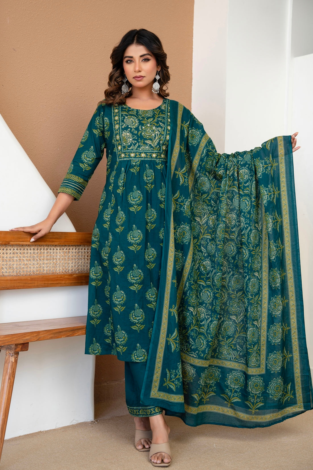 Teal Ethnic Aline Suit Set with Palazzo and Dupatta