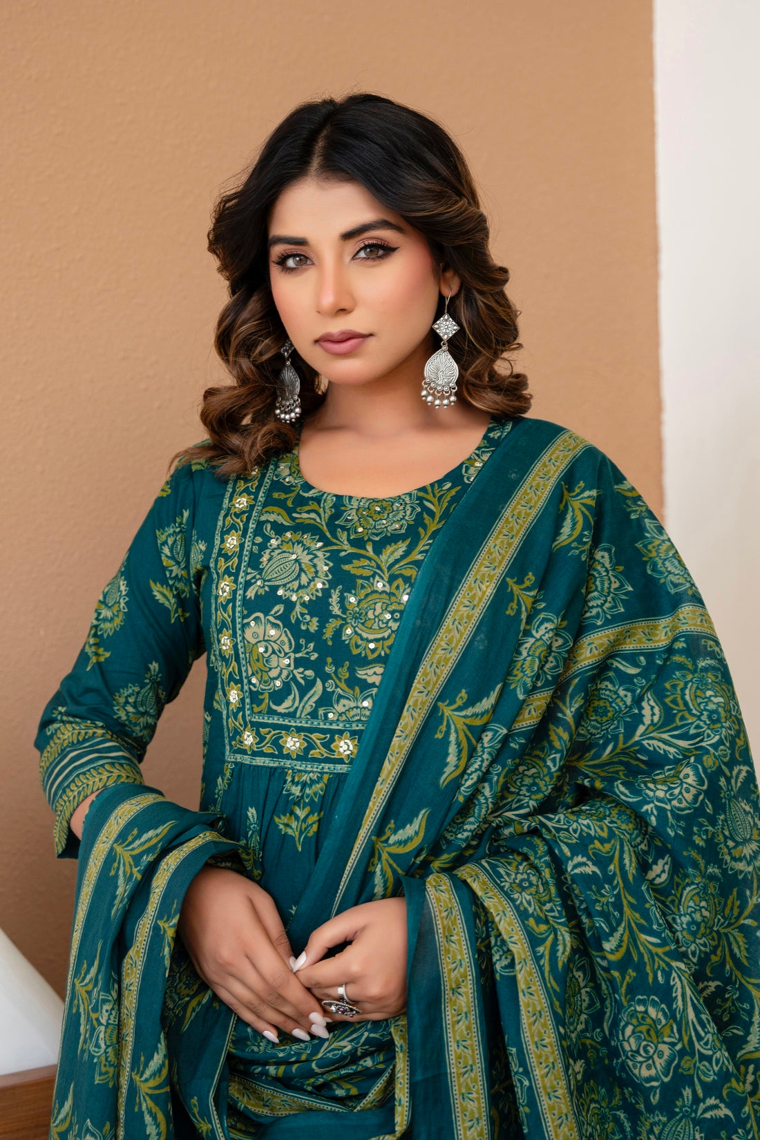 Teal Ethnic Aline Suit Set with Palazzo and Dupatta