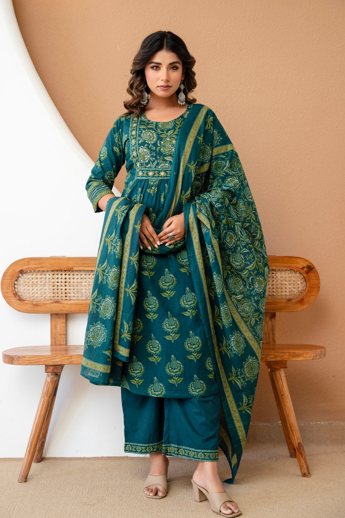 Teal Ethnic Aline Suit Set with Palazzo and Dupatta