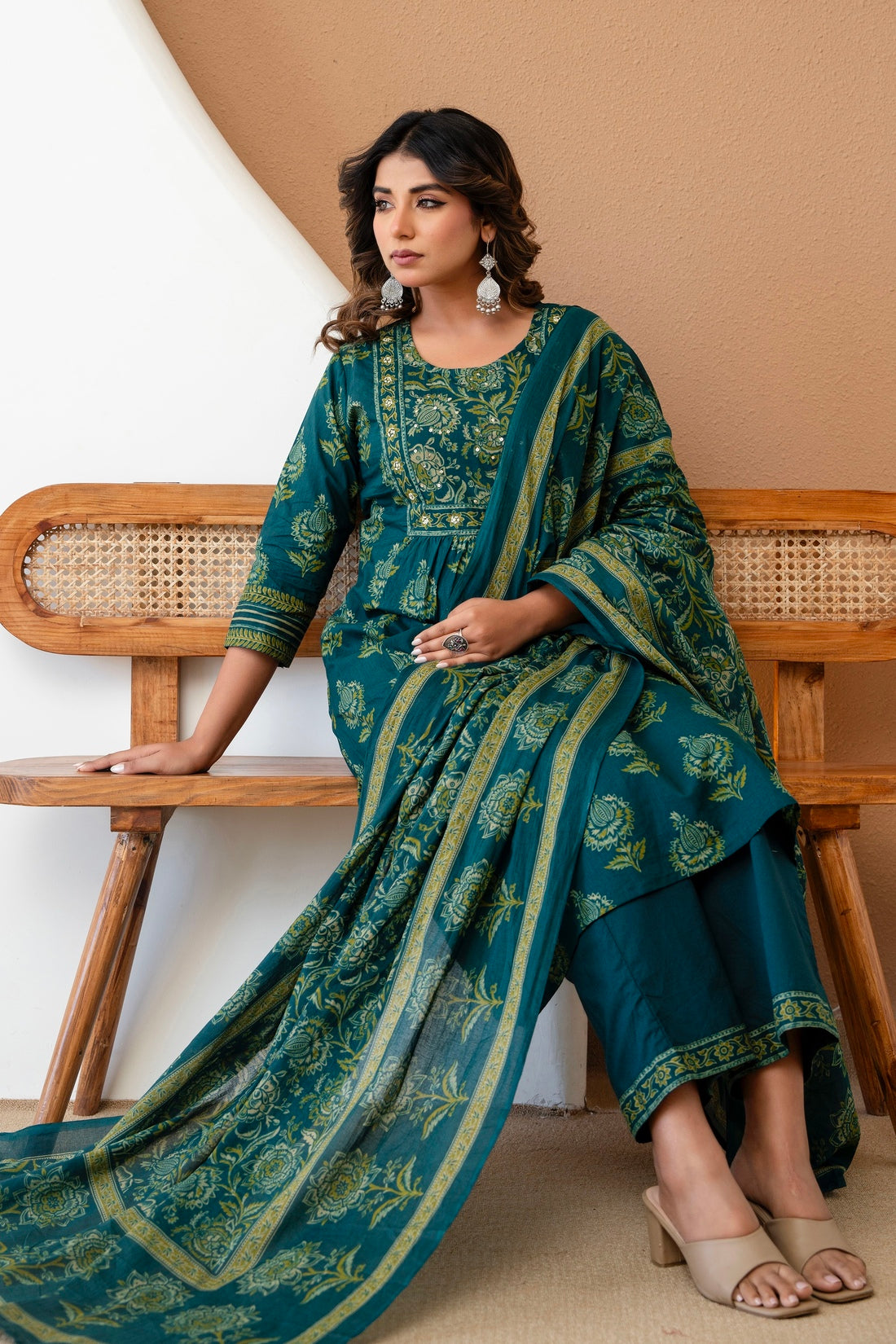 Teal Ethnic Aline Suit Set with Palazzo and Dupatta