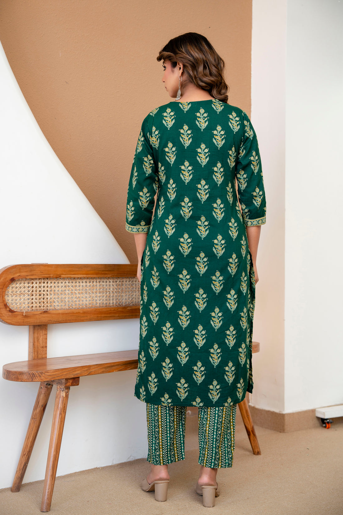 Green Motif Print Cotton Kurta Set with Trousers and Dupatta