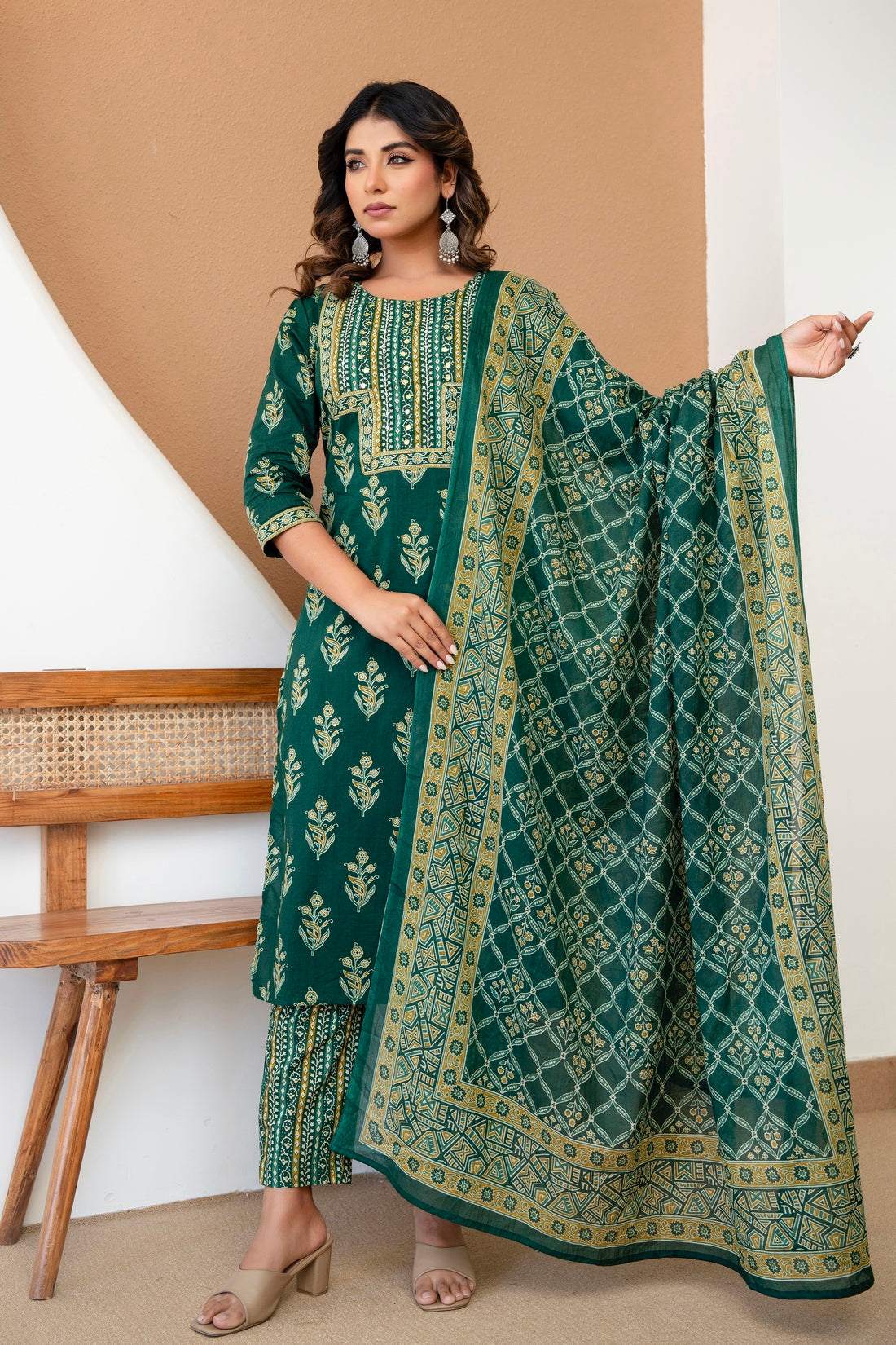 Green Motif Print Cotton Kurta Set with Trousers and Dupatta