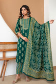 Green Motif Print Cotton Kurta Set with Trousers and Dupatta