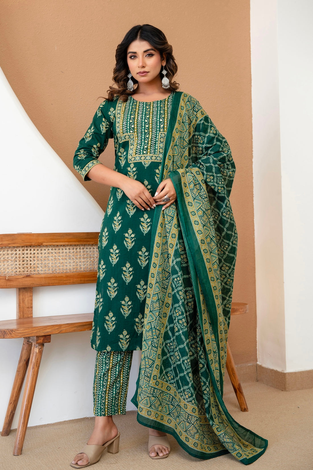 Green Motif Print Cotton Kurta Set with Trousers and Dupatta