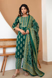 Green Motif Print Cotton Kurta Set with Trousers and Dupatta