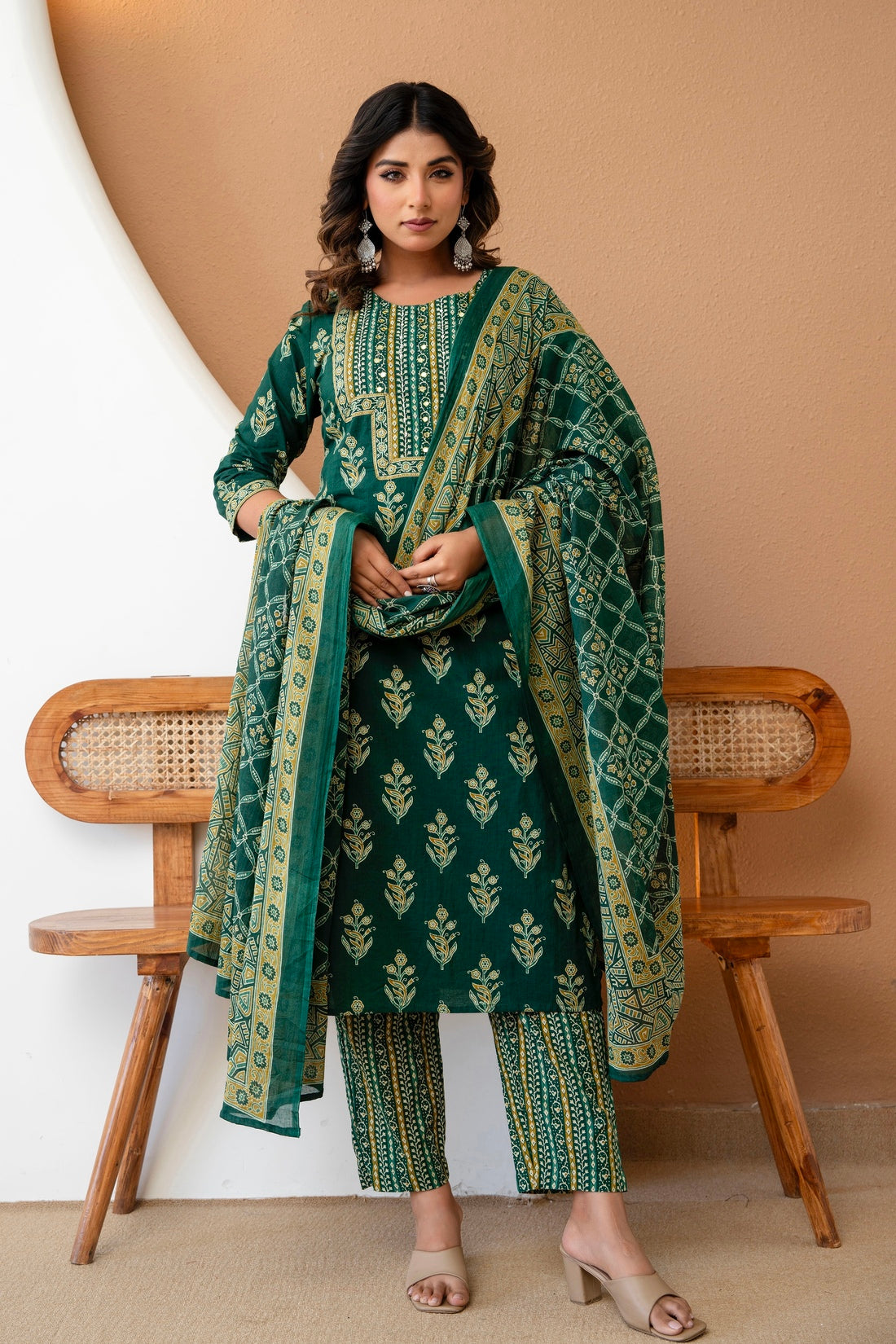 Green Motif Print Cotton Kurta Set with Trousers and Dupatta