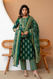 Green Motif Print Cotton Kurta Set with Trousers and Dupatta