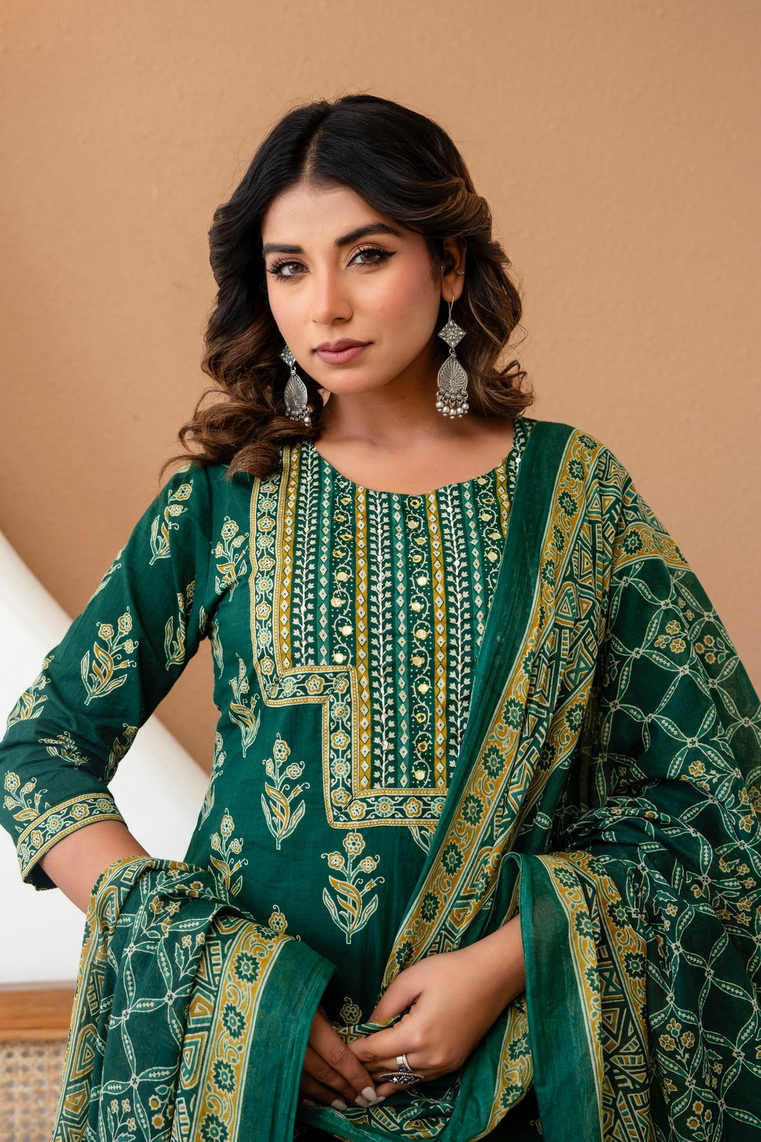 Green Motif Print Cotton Kurta Set with Trousers and Dupatta