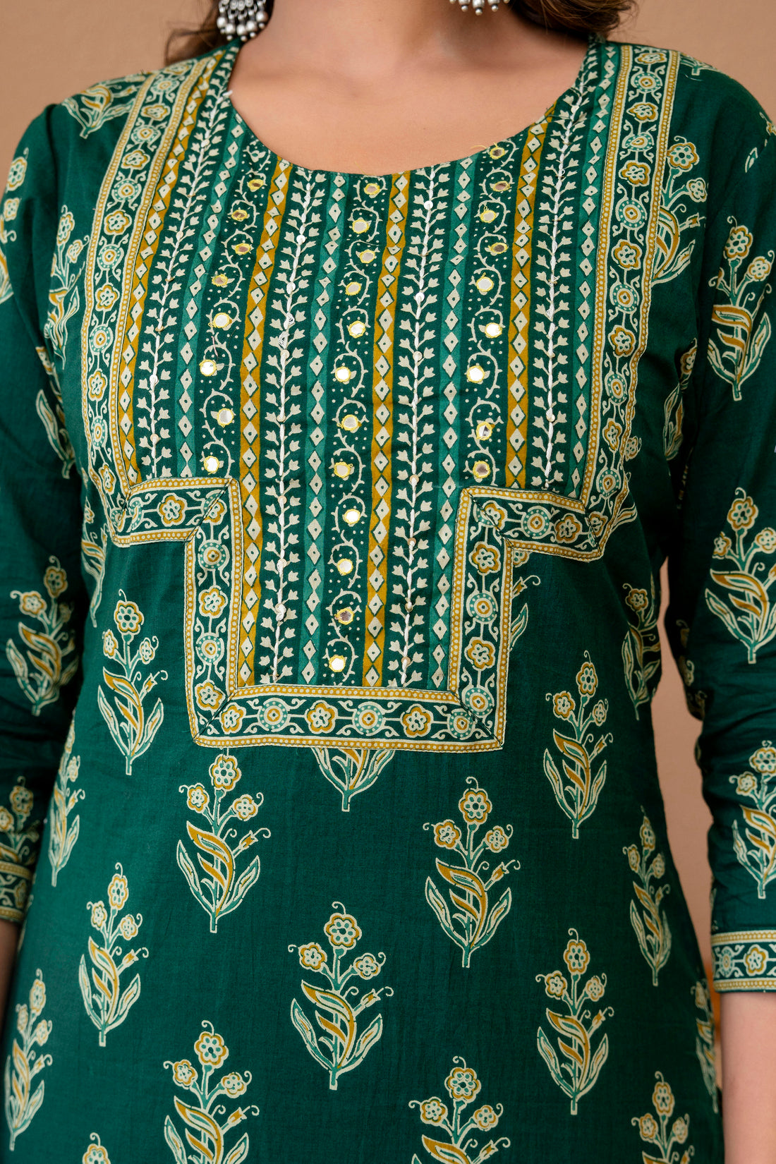 Green Motif Print Cotton Kurta Set with Trousers and Dupatta