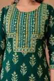 Green Motif Print Cotton Kurta Set with Trousers and Dupatta