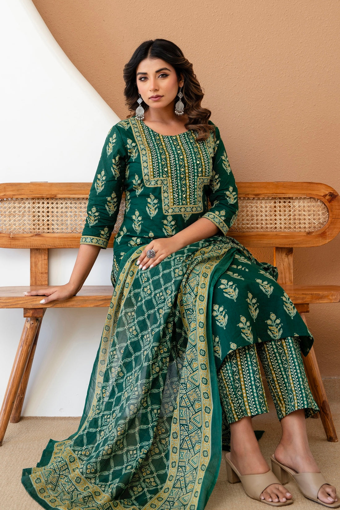 Green Motif Print Cotton Kurta Set with Trousers and Dupatta