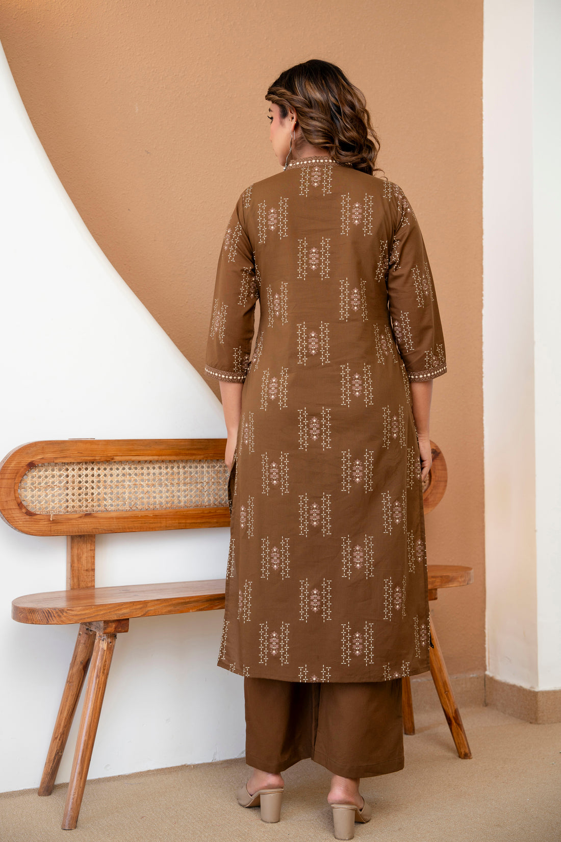 Brown Front Pleat Kurta Set with Palazzo and Dupatta