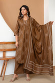 Brown Front Pleat Kurta Set with Palazzo and Dupatta