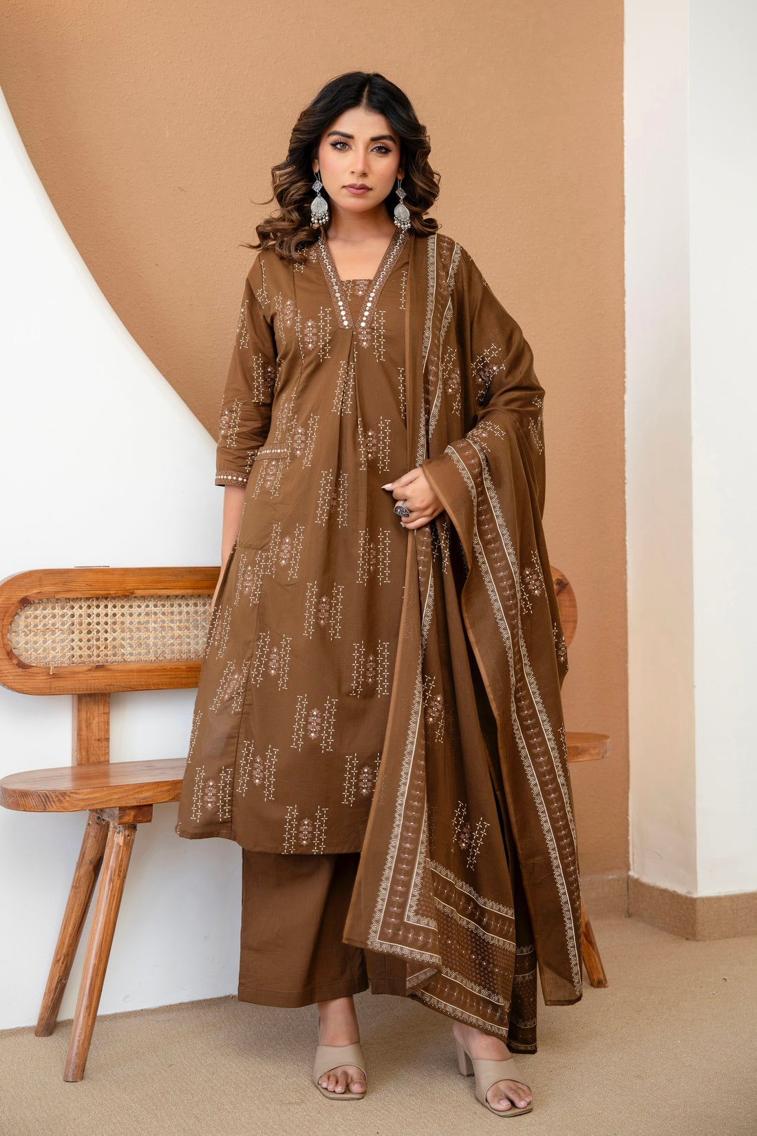 Brown Front Pleat Kurta Set with Palazzo and Dupatta