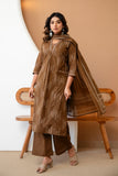 Brown Front Pleat Kurta Set with Palazzo and Dupatta