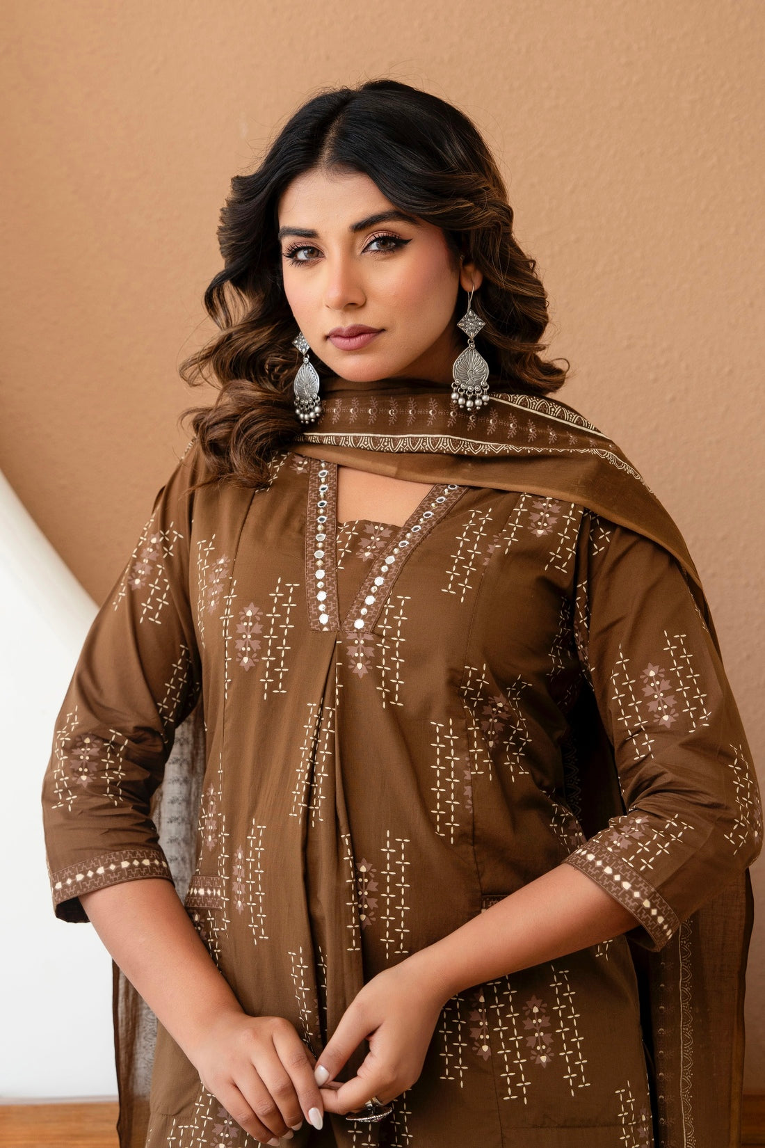 Brown Front Pleat Kurta Set with Palazzo and Dupatta