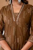 Brown Front Pleat Kurta Set with Palazzo and Dupatta