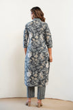 Grey Floral Cotton Kurta Set with Trousers and Dupatta