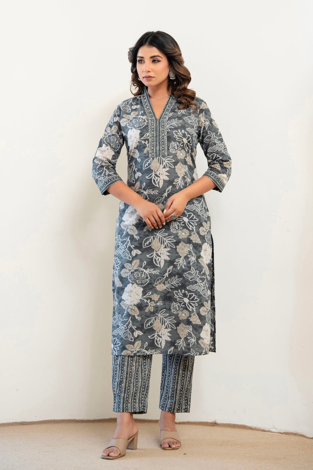 Grey Floral Cotton Kurta Set with Trousers and Dupatta
