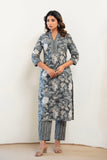 Grey Floral Cotton Kurta Set with Trousers and Dupatta
