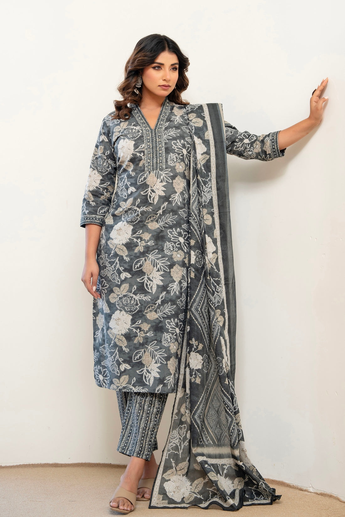 Grey Floral Cotton Kurta Set with Trousers and Dupatta