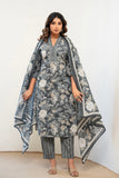 Grey Floral Cotton Kurta Set with Trousers and Dupatta