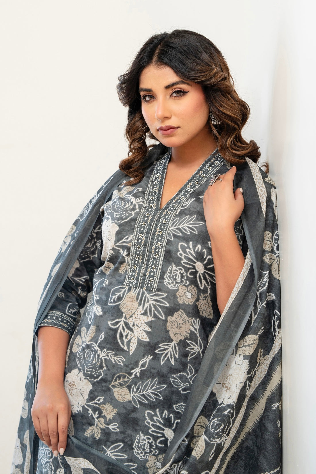 Grey Floral Cotton Kurta Set with Trousers and Dupatta