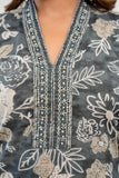 Grey Floral Cotton Kurta Set with Trousers and Dupatta