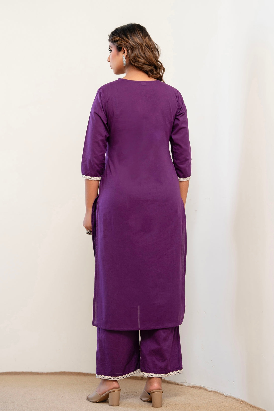 Purple Cord Embroidery with Lace Detail Kurta Set with Palazzos and Dupatta