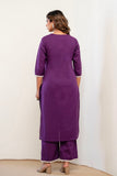 Purple Cord Embroidery with Lace Detail Kurta Set with Palazzos and Dupatta