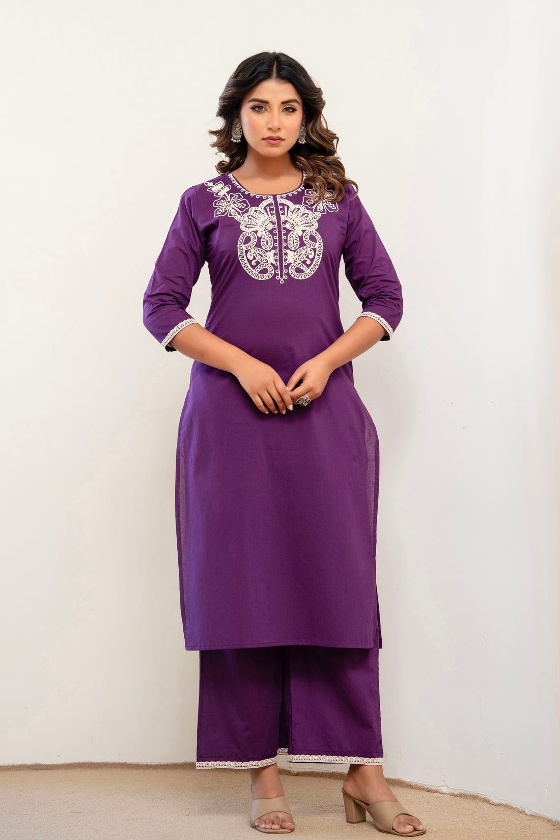 Purple Cord Embroidery with Lace Detail Kurta Set with Palazzos and Dupatta