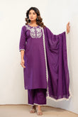 Purple Cord Embroidery with Lace Detail Kurta Set with Palazzos and Dupatta