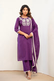 Purple Cord Embroidery with Lace Detail Kurta Set with Palazzos and Dupatta