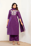 Purple Cord Embroidery with Lace Detail Kurta Set with Palazzos and Dupatta