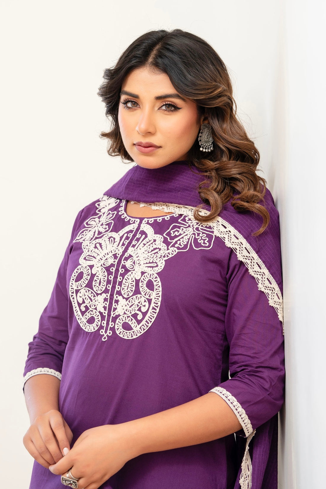 Purple Cord Embroidery with Lace Detail Kurta Set with Palazzos and Dupatta