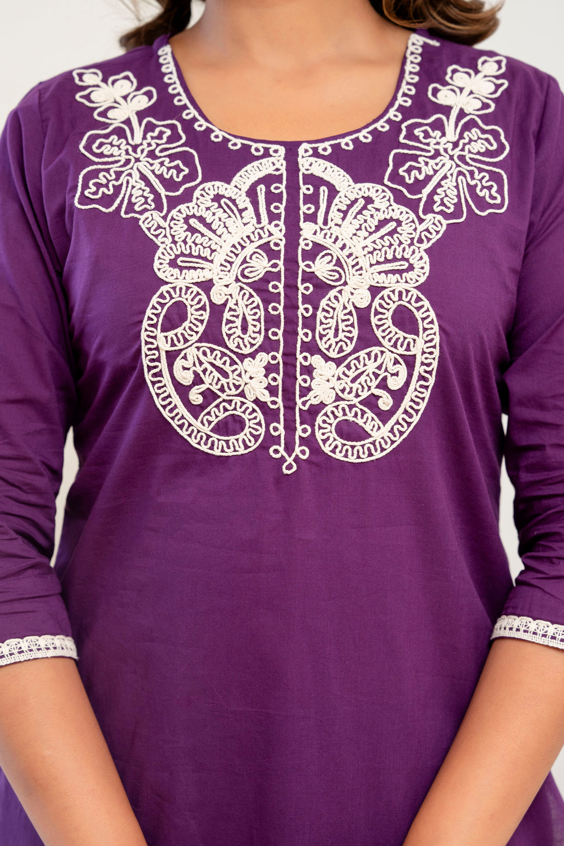 Purple Cord Embroidery with Lace Detail Kurta Set with Palazzos and Dupatta